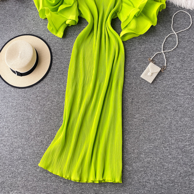 Ruffled large flared sleeve Pleated Dress  2758