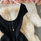 Robe rayée à col en V, jupe trapèze slim décolletée 3049
