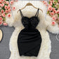 Sexy mesh stitched V-neck suspender skirt slim bottom wrap hip skirt  2780