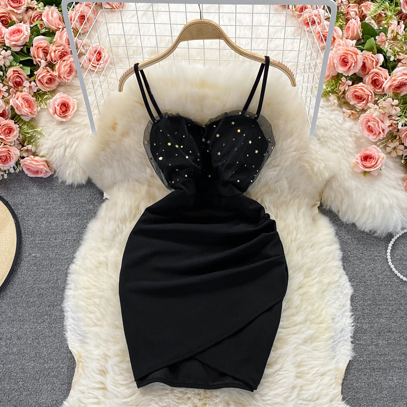Sexy mesh stitched V-neck suspender skirt slim bottom wrap hip skirt  2780