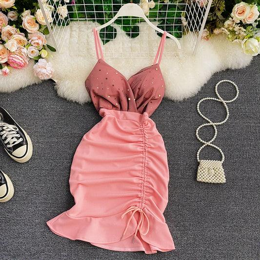Suspender skirt low chest V-neck waist tight hip drawstring fishtail skirt  2931
