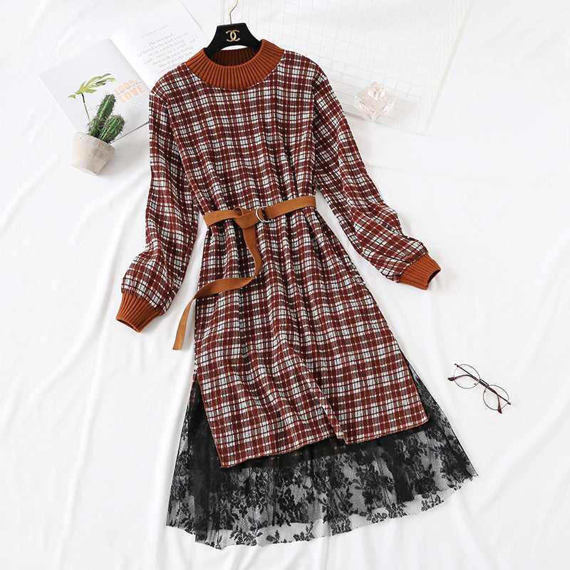 Polka Dot Plaid floral long skirt with lace bottom skirt is thin and tall  2460
