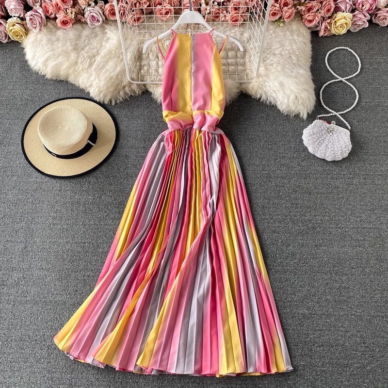 New sleeveless gradient rainbow neck suspender Pleated Dress  2728