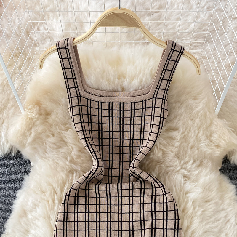 Suspender skirt shows thin ice silk knitted Plaid Hip Wrap Dress  2756