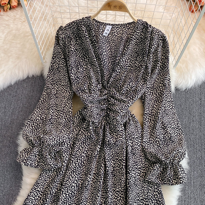 V-neck bubble sleeve small leopard print dress  3128