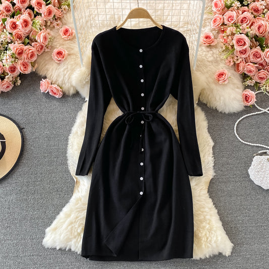 Round neck single breasted knitted dress waist sweater skirt  3075