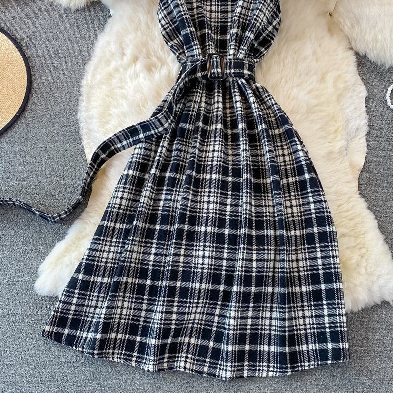 French retro Plaid strap skirt versatile backless A-line dress  2867