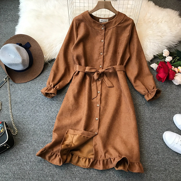 Robe à lacets à volants et taille haute à col rond 3398