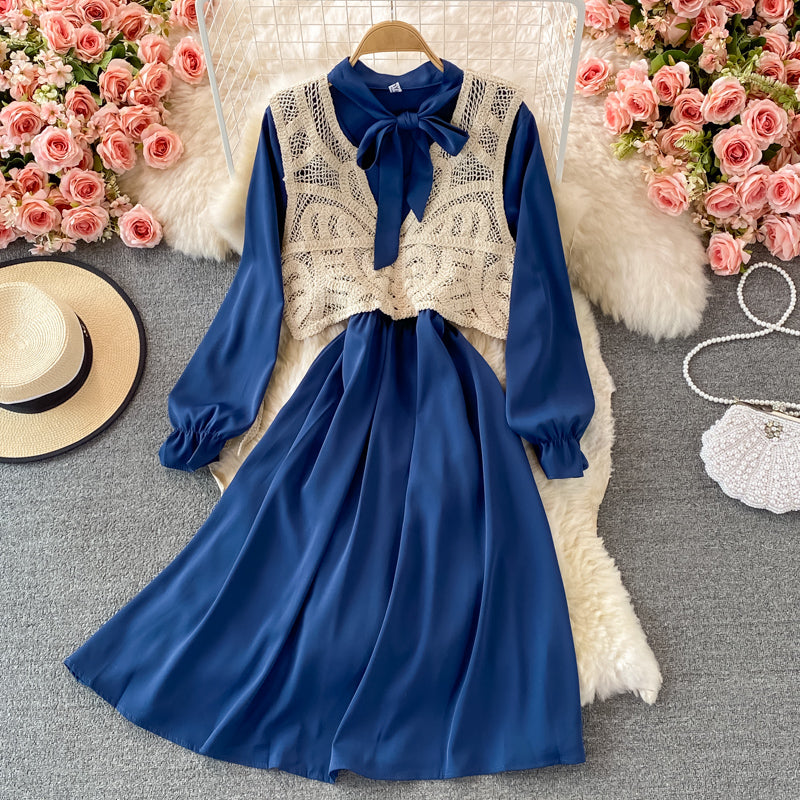 Robe coréenne à manches longues et taille fine avec nœud 2862