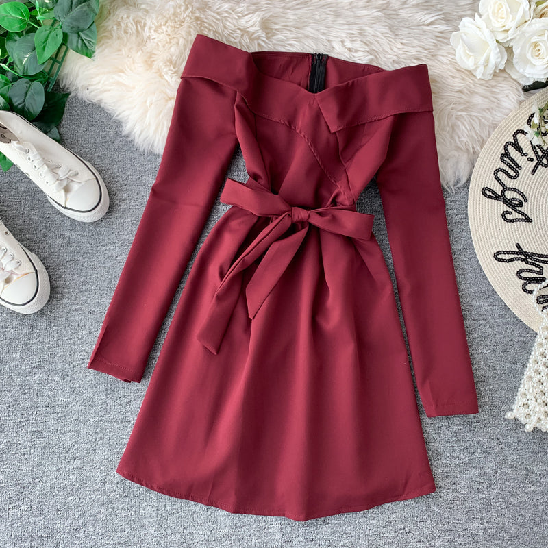 Sexy one line neck waist slim dress  2874