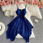 Solid lace up slim sleeveless irregular large hem strapless dress  2721