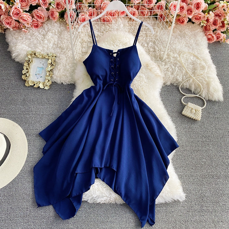 Solid lace up slim sleeveless irregular large hem strapless dress  2721