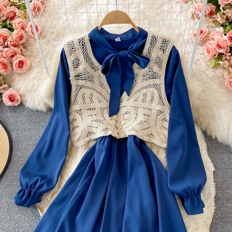 Robe coréenne à manches longues et taille fine avec nœud 2862