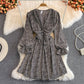 V-neck bubble sleeve small leopard print dress  3128