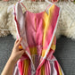 New sleeveless gradient rainbow neck suspender Pleated Dress  2728