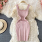 Suspender skirt shows thin ice silk knitted Plaid Hip Wrap Dress  2756