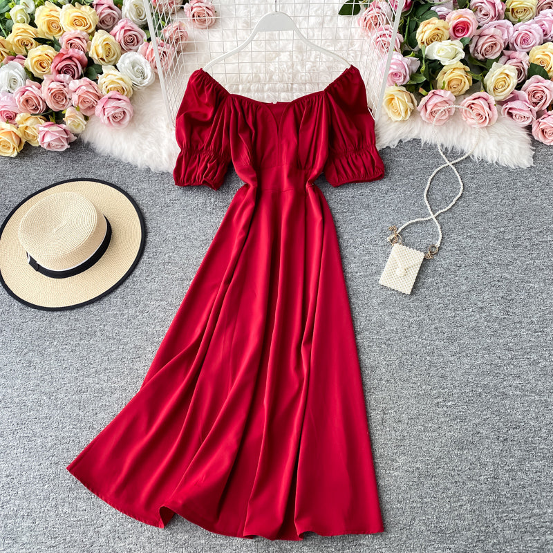 Robe à manches courtes à col carré rétro française 2877