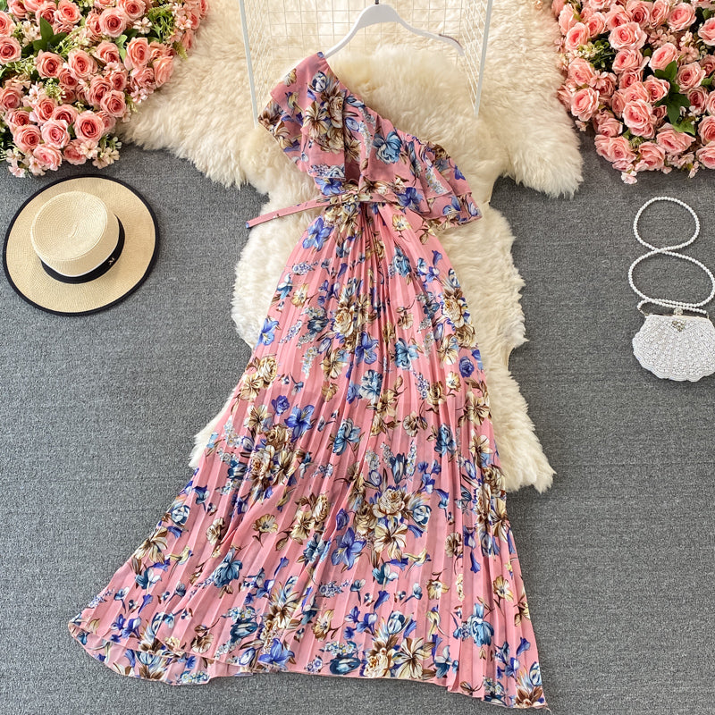 Robe fleurie en mousseline plissée à taille volantée 2972