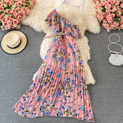 Robe fleurie en mousseline plissée à taille volantée 2972