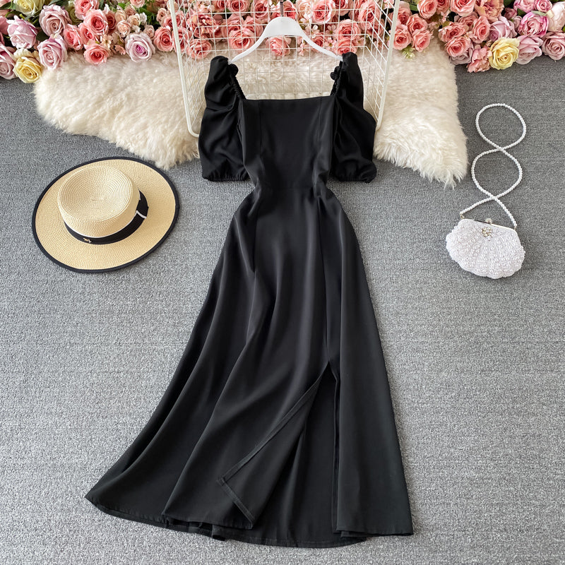 Robe moulante à taille haute à manches bouffantes et col carré rétro français 2940