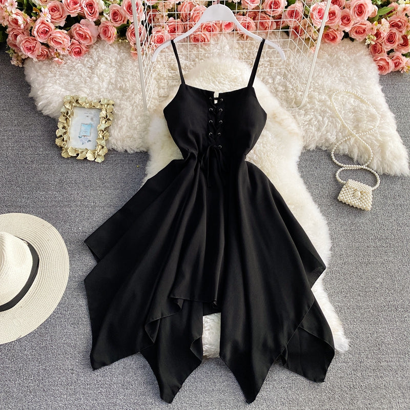 Solid lace up slim sleeveless irregular large hem strapless dress  2721