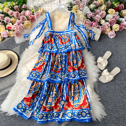 Robe à bretelles à imprimé jupe à gâteau bleu et blanc 2848