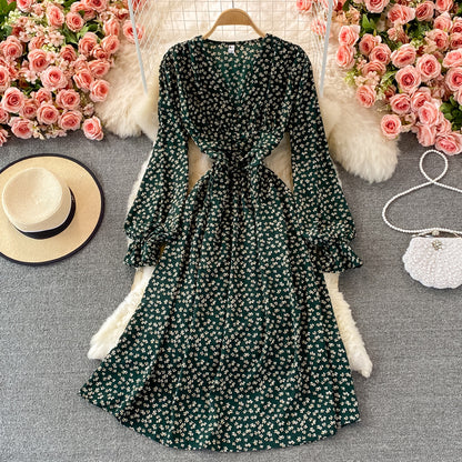 Robe fleurie plissée à taille haute, col en V, manches bouffantes 3363