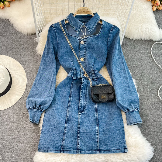 Robe en jean ajourée à manches bouffantes et revers vintage 3019