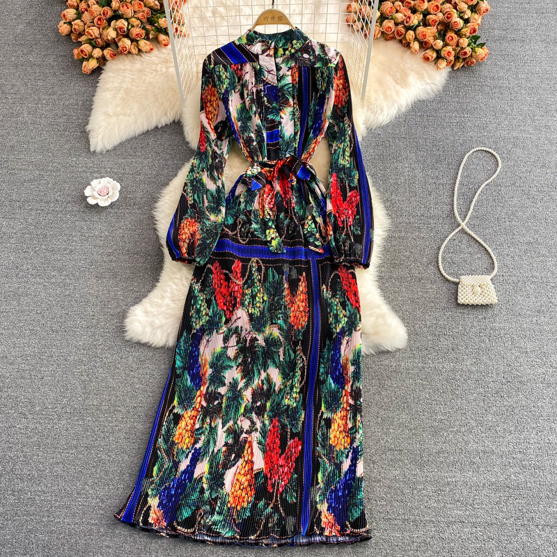 Robe plissée imprimée à col montant Temperament 3362