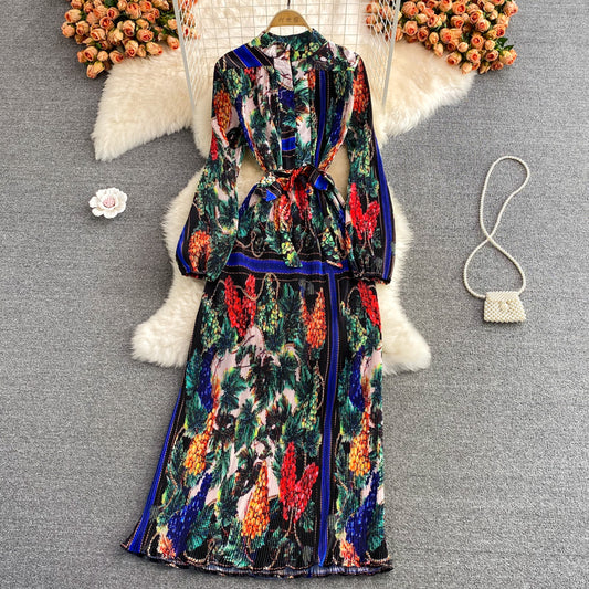 Robe plissée imprimée à col montant Temperament 3362
