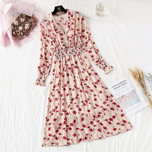 Suit collar French retro fairy super xiansen broken flower chiffon long skirt  2358