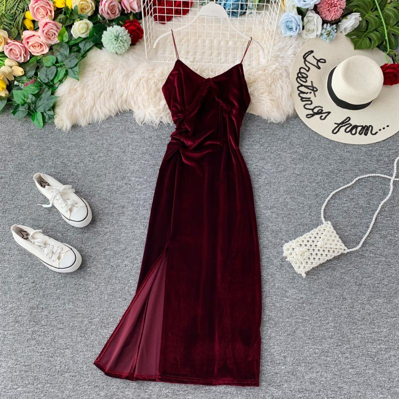 Sexy velvet dress women's slim V-neck suspender skirt  2713