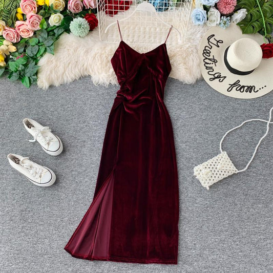 Sexy velvet dress women's slim V-neck suspender skirt  2713