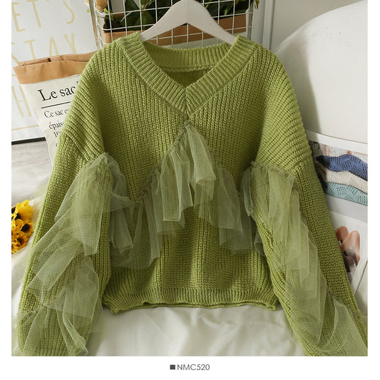 Tricot ajusté à volants et col en V avec surpiqûres en maille pour femme 1918