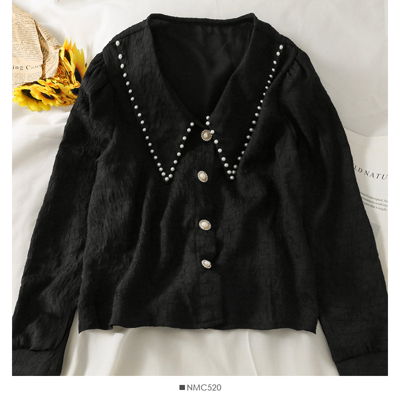 New nail bead Lapel single breasted cardigan long sleeved blouse  2101