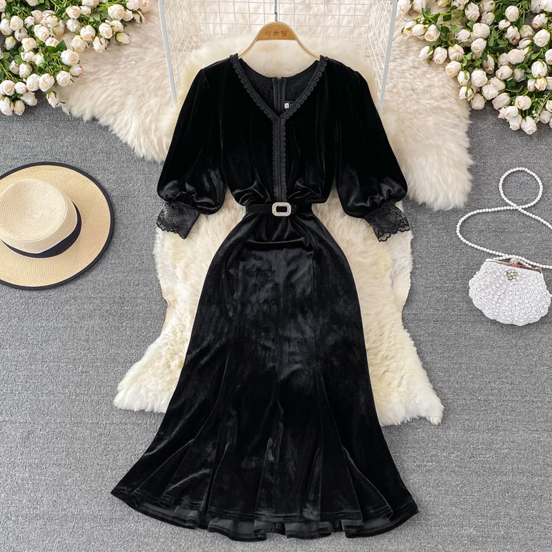 Robe en velours doré à col en V fin et luxueux haut de gamme 3125