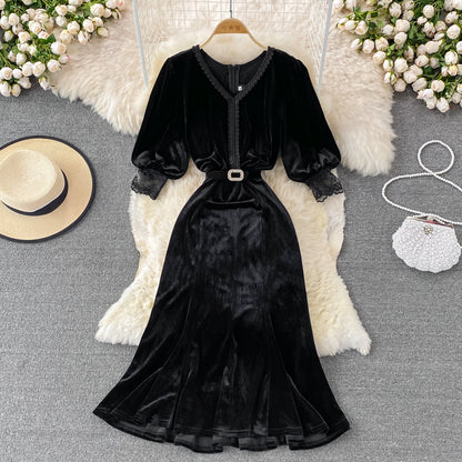 Robe en velours doré à col en V fin et luxueux haut de gamme 3125