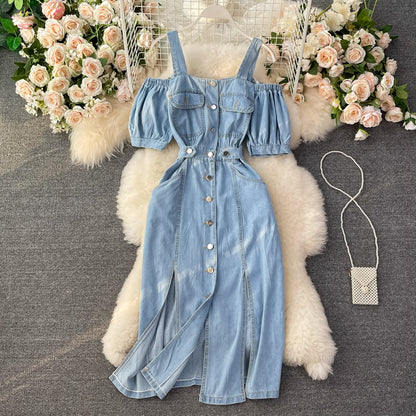 Robe à bretelles mi-longue polyvalente et slim pour femme 2982
