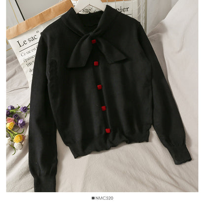 Pull simple boutonnage à col montant et nœud, doux et polyvalent, 2026