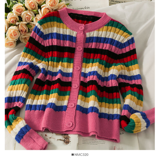 Pull femme fin à simple boutonnage à rayures colorées élégantes 1788