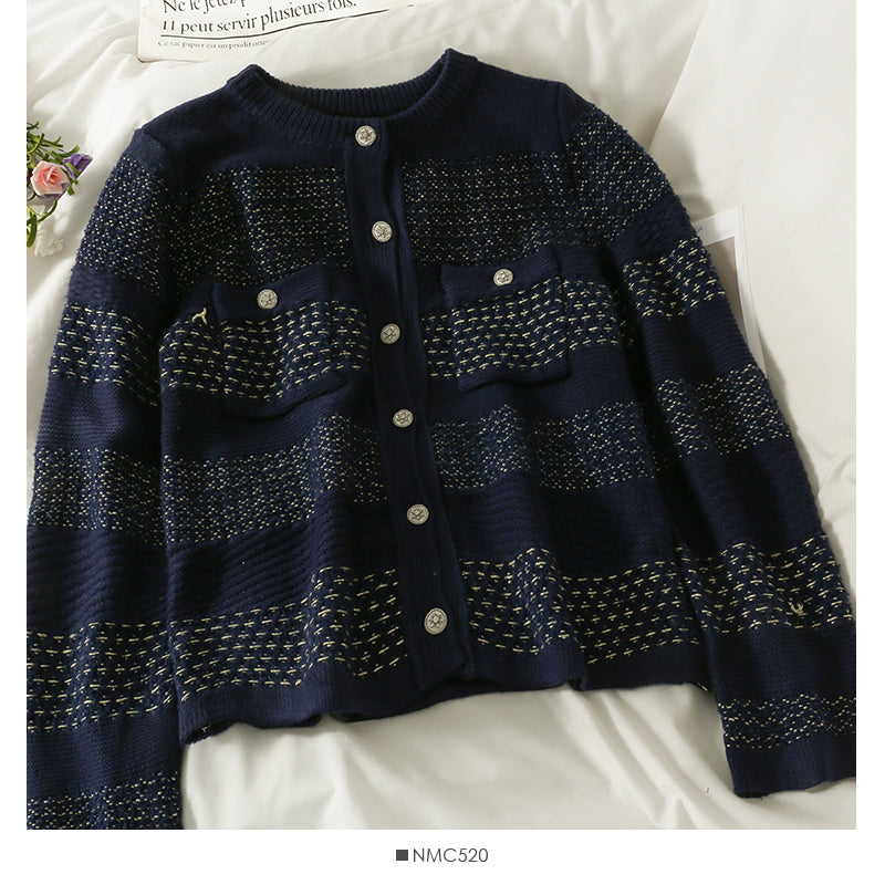 Cardigan à simple boutonnage en soie rayée rétro coréenne pour femme 2072