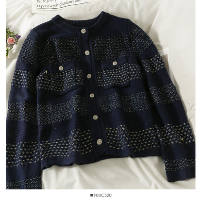 Cardigan à simple boutonnage en soie rayée rétro coréenne pour femme 2072