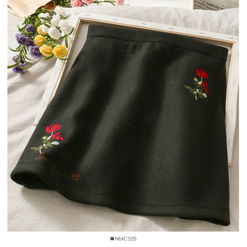 Sweet wind rose embroidered high waist thin woolen A-shaped skirt  2668