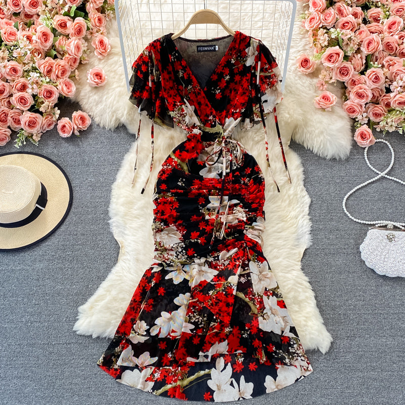 Robe en mousseline à fleurs à col en V, fendue, coupe portefeuille, en queue de poisson, 3214
