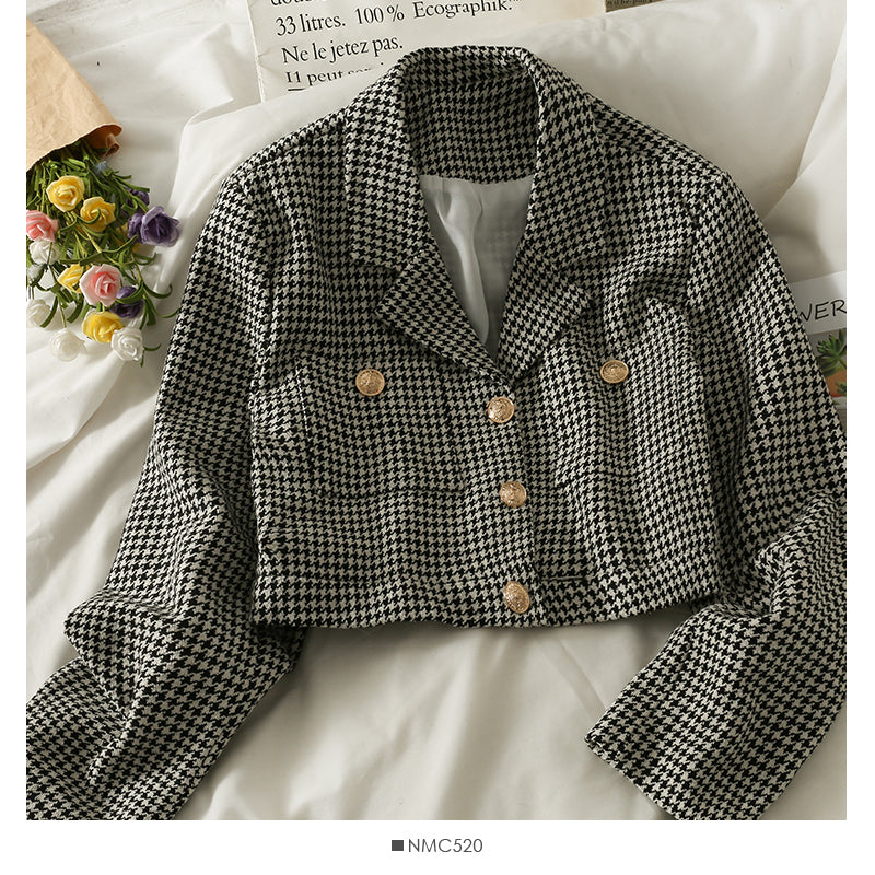 Korean retro thousand bird grid short single breasted jacket female  2099