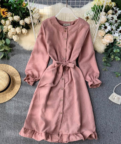 Long sleeve ruffle hem button down dress  1317