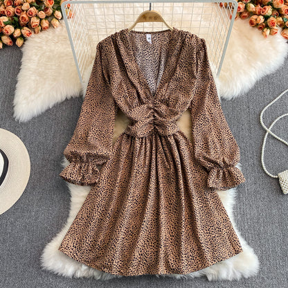 V-neck bubble sleeve small leopard print dress  3128