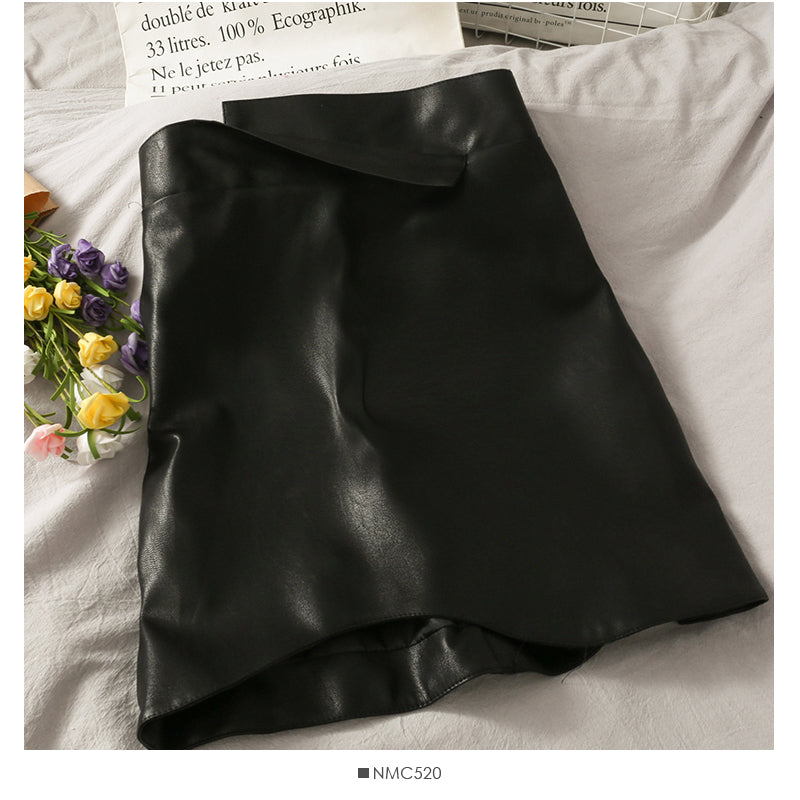 High waist slim wrap hip small leather skirt irregular solid color versatile skirt  2670