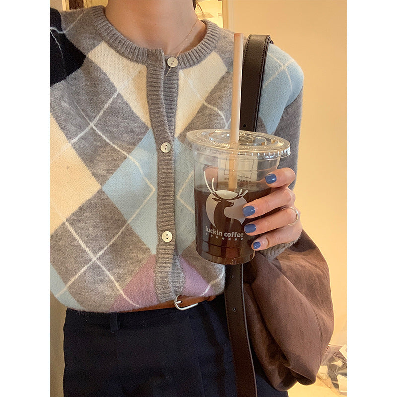 Cardigan à carreaux doux, vintage, col rond 1434