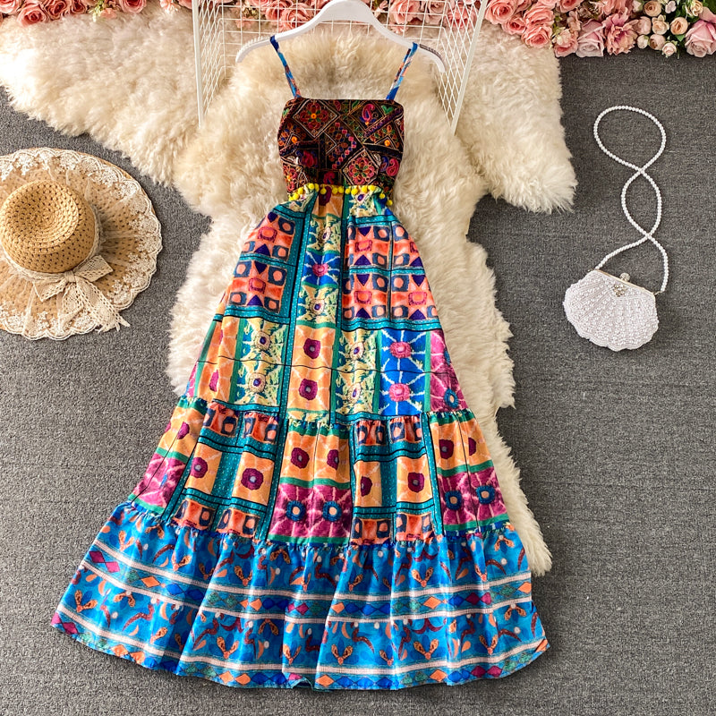 Robe à bretelles en broderie ethnique imprimée 3439